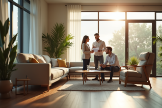 Salon lumineux avec couple et agent immobilier souriant