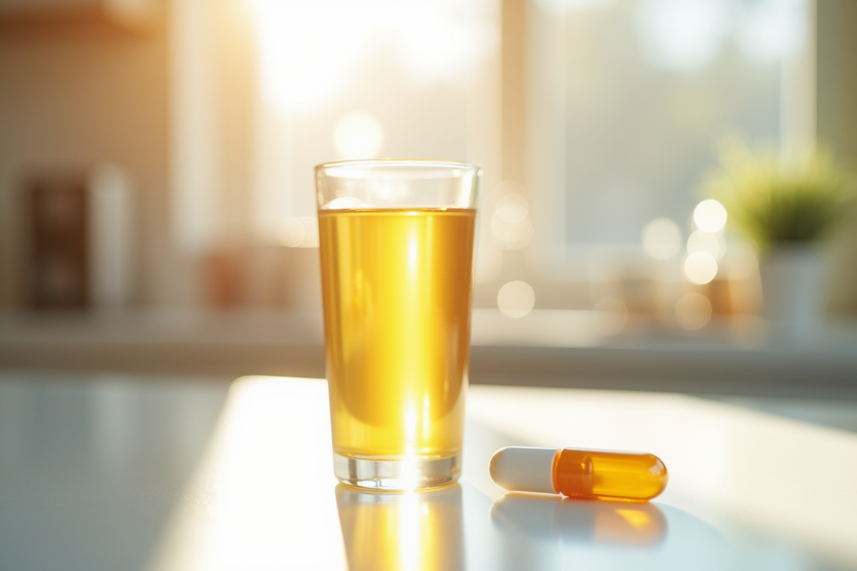 Scène matinale avec capsule de vitamine D3 sur comptoir blanc