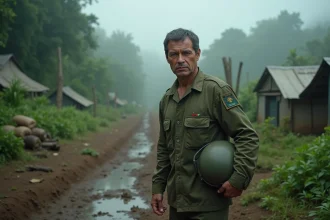 Militaire en jungle brumeuse avec tente et sacs de sable