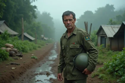 Militaire en jungle brumeuse avec tente et sacs de sable