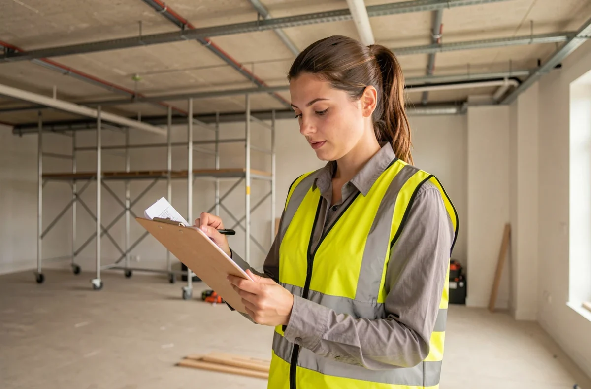 Électricienne de Soluce Élec étudiant des plans techniques dans un bureau en rénovation à Rennes