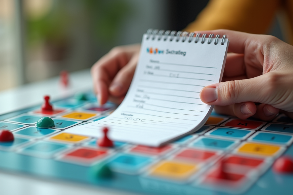 Une main tient un carnet de stratégie Mastermind avec le plateau coloré