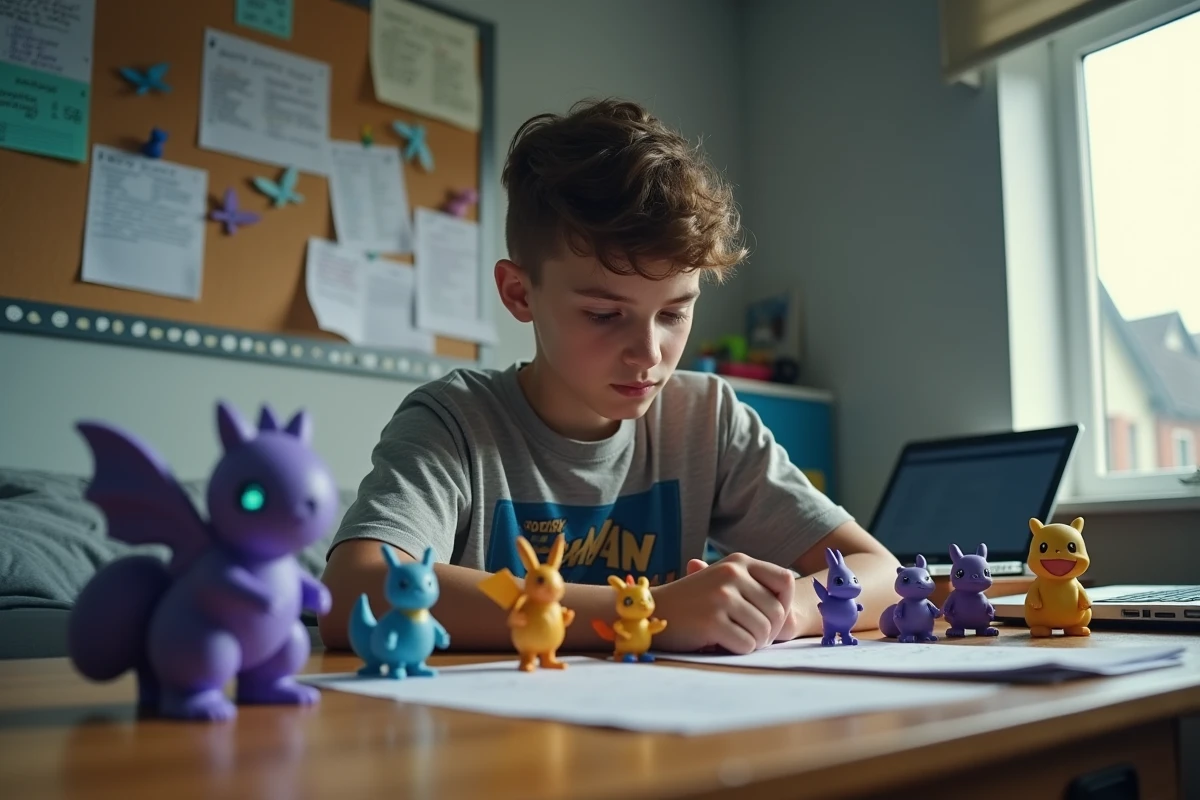 Adolescent organisant des figurines Pokémon de type Psy sur son bureau avec des notes de stratégie affichées au mur