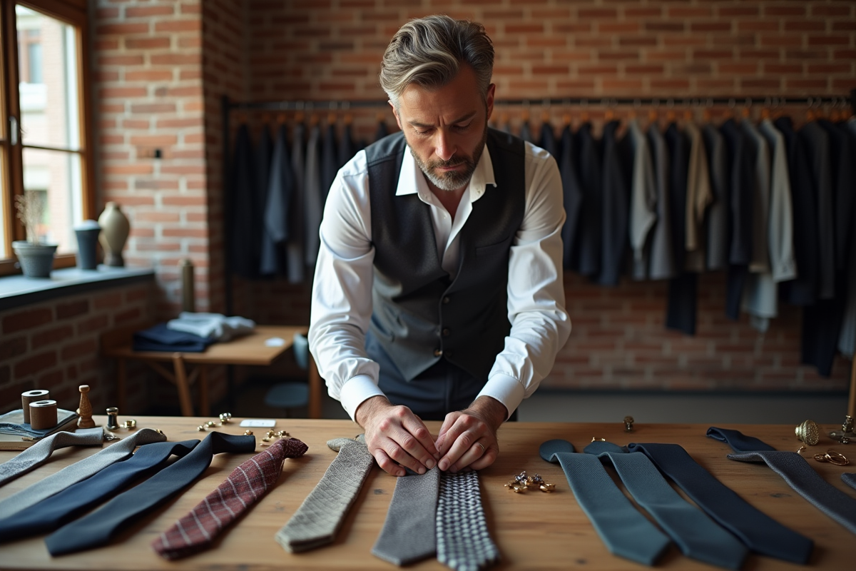 Styliste homme arrangeant accessoires dans un studio créatif