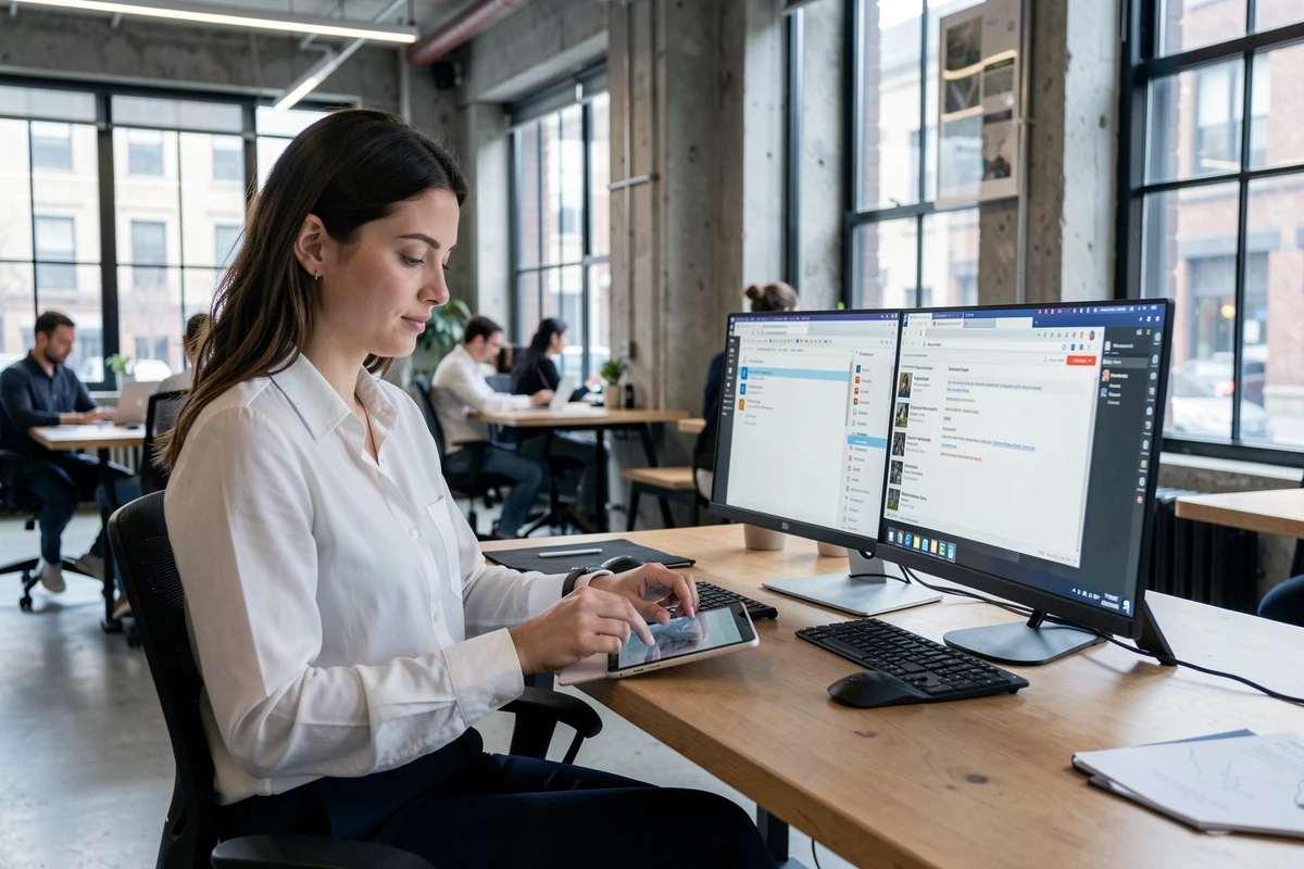 Professionnelle synchronisant ses favoris sur tablette et ordinateur dans un espace de coworking