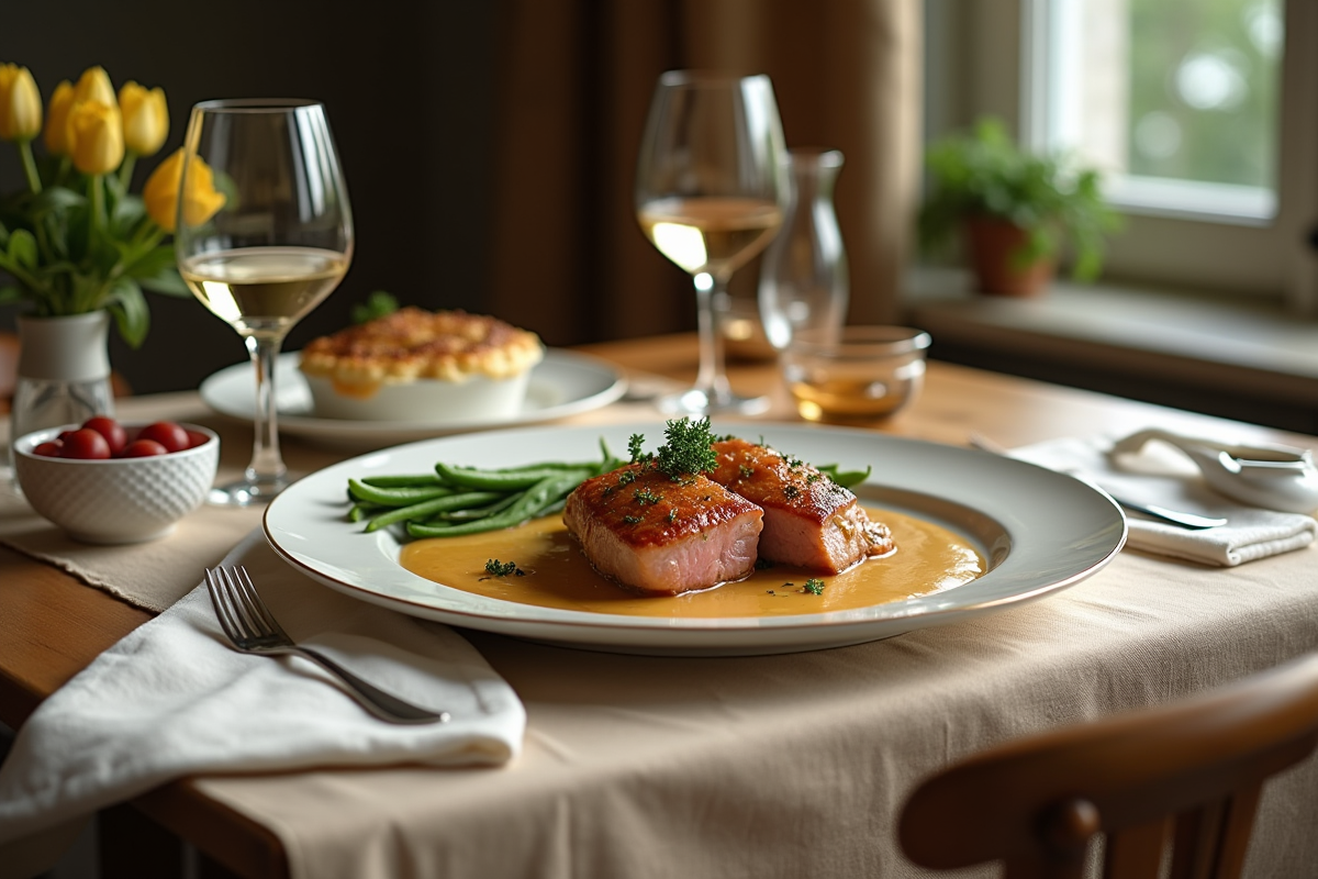 Table élégante avec blanquette de veau et accompagnements raffinés