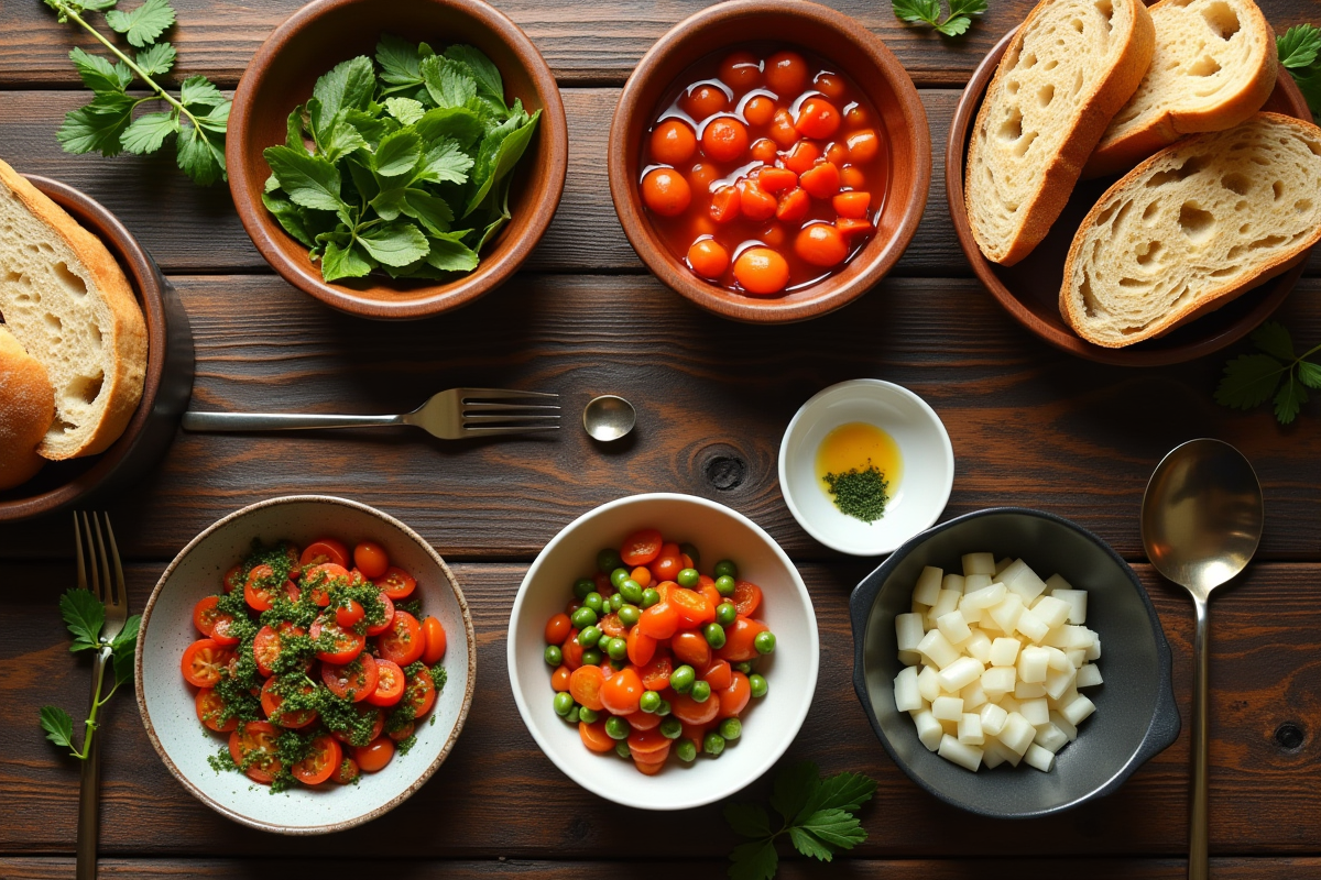 Table rustique avec légumes en conserve et pain frais