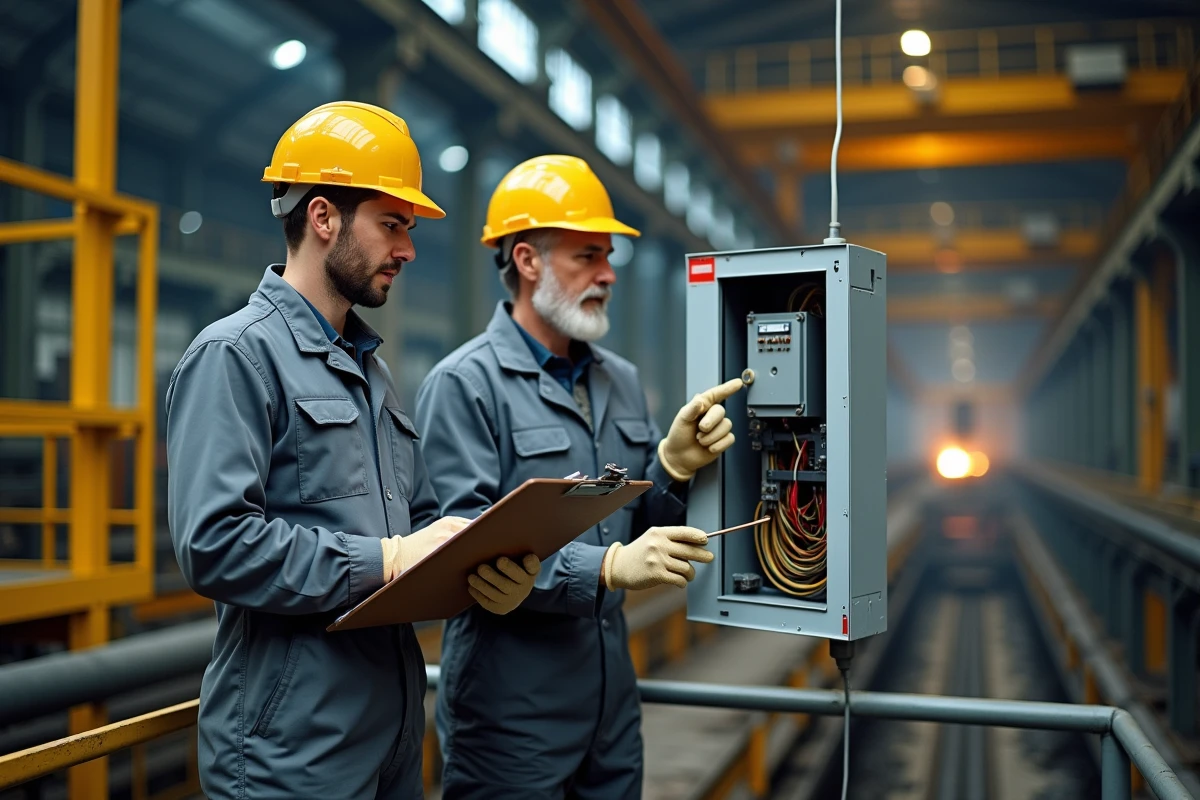 Deux techniciens de maintenance inspectant le panneau électrique d'un pont roulant sur une plateforme élevée en usine