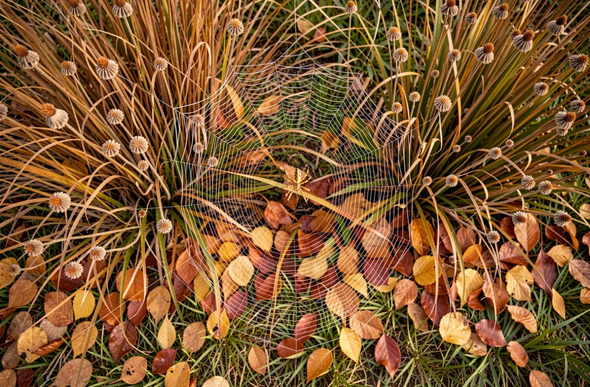 Vue aérienne d'une toile d'araignée dorée dans les herbes d'automne d'un jardin naturel, symbolisant la prospérité et la fin de saison