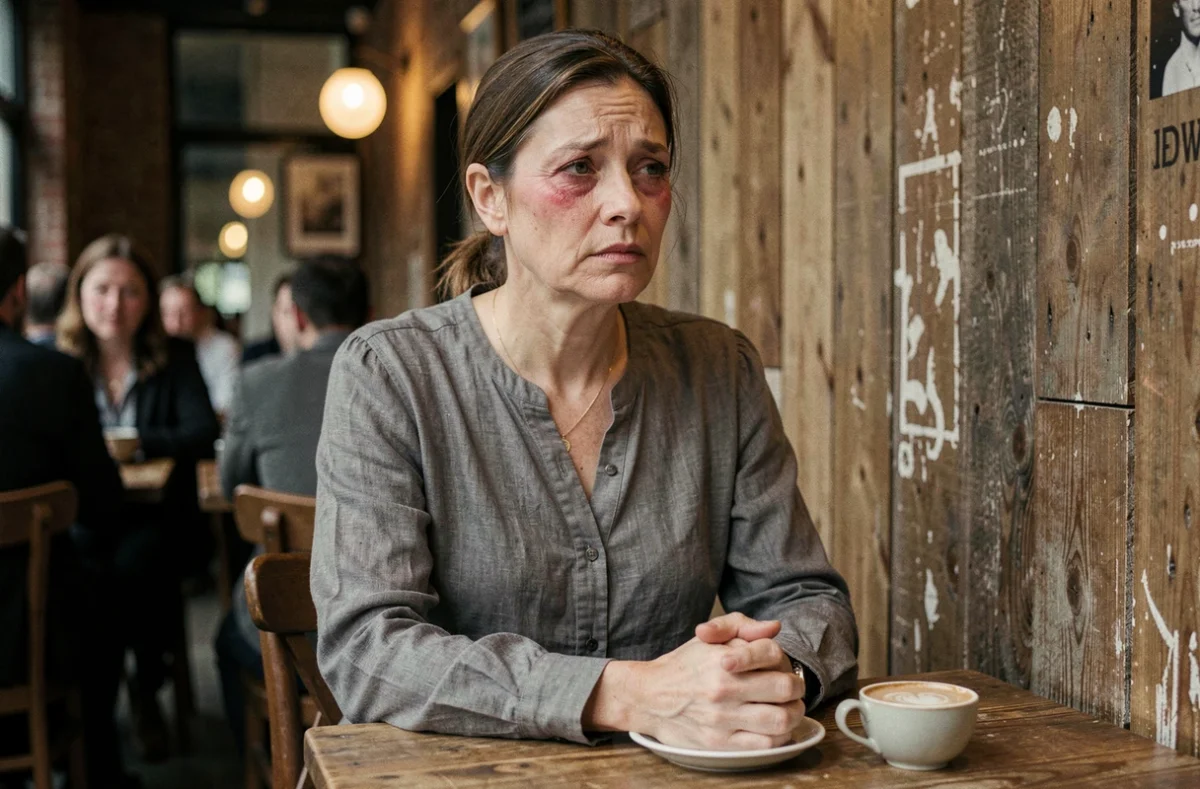 Femme seule dans un café, regard perdu dans le vide, illustrant la trahison et l'effondrement de la confiance