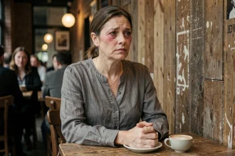 Femme seule dans un café, regard perdu dans le vide, illustrant la trahison et l'effondrement de la confiance