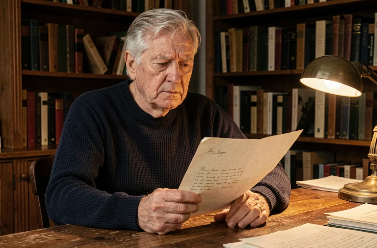 Homme âgé lisant une lettre manuscrite dans une bibliothèque, expression mélancolique évoquant la trahison et la perte de confiance