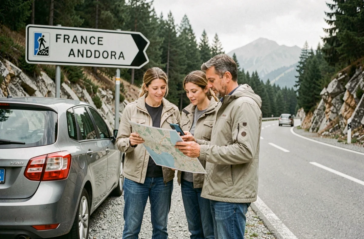 Couple consultant une carte routière à la frontière franco-andorrane pour planifier leur trajet vers les boutiques de tabac