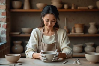 Femme adulte pratiquant la poterie comme méditation active, les mains plongées dans l'argile dans un atelier artisanal chaleureux