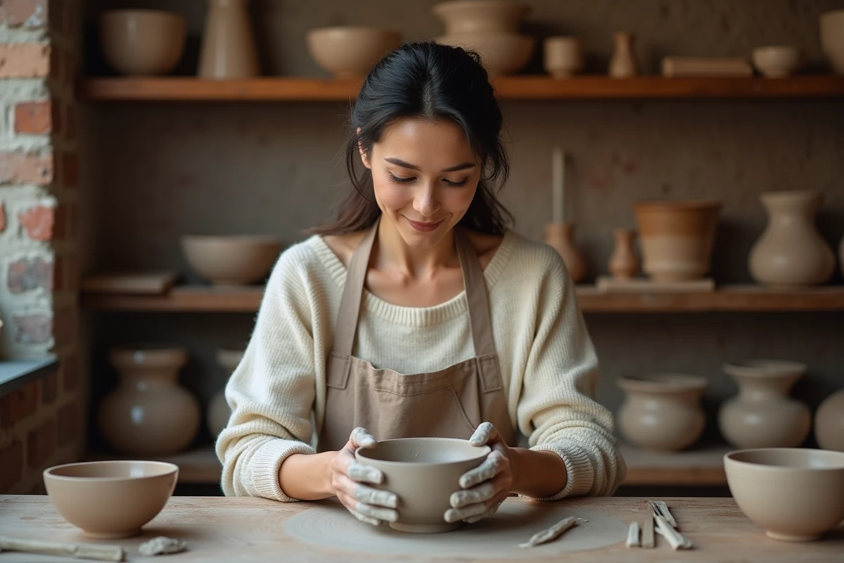 Femme adulte pratiquant la poterie comme méditation active, les mains plongées dans l'argile dans un atelier artisanal chaleureux