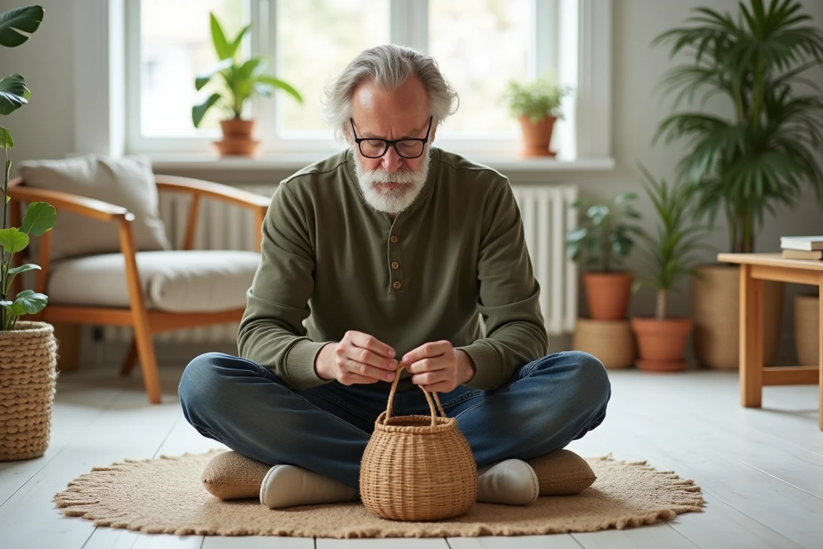 Homme adulte pratiquant le tissage de vannerie comme activité manuelle relaxante et méditative chez lui