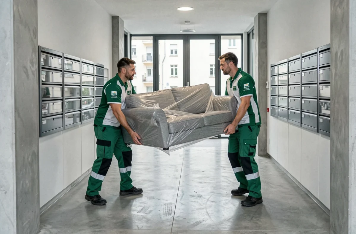 Deux déménageurs Unimo portant un canapé emballé dans le hall d'un immeuble moderne à Lyon