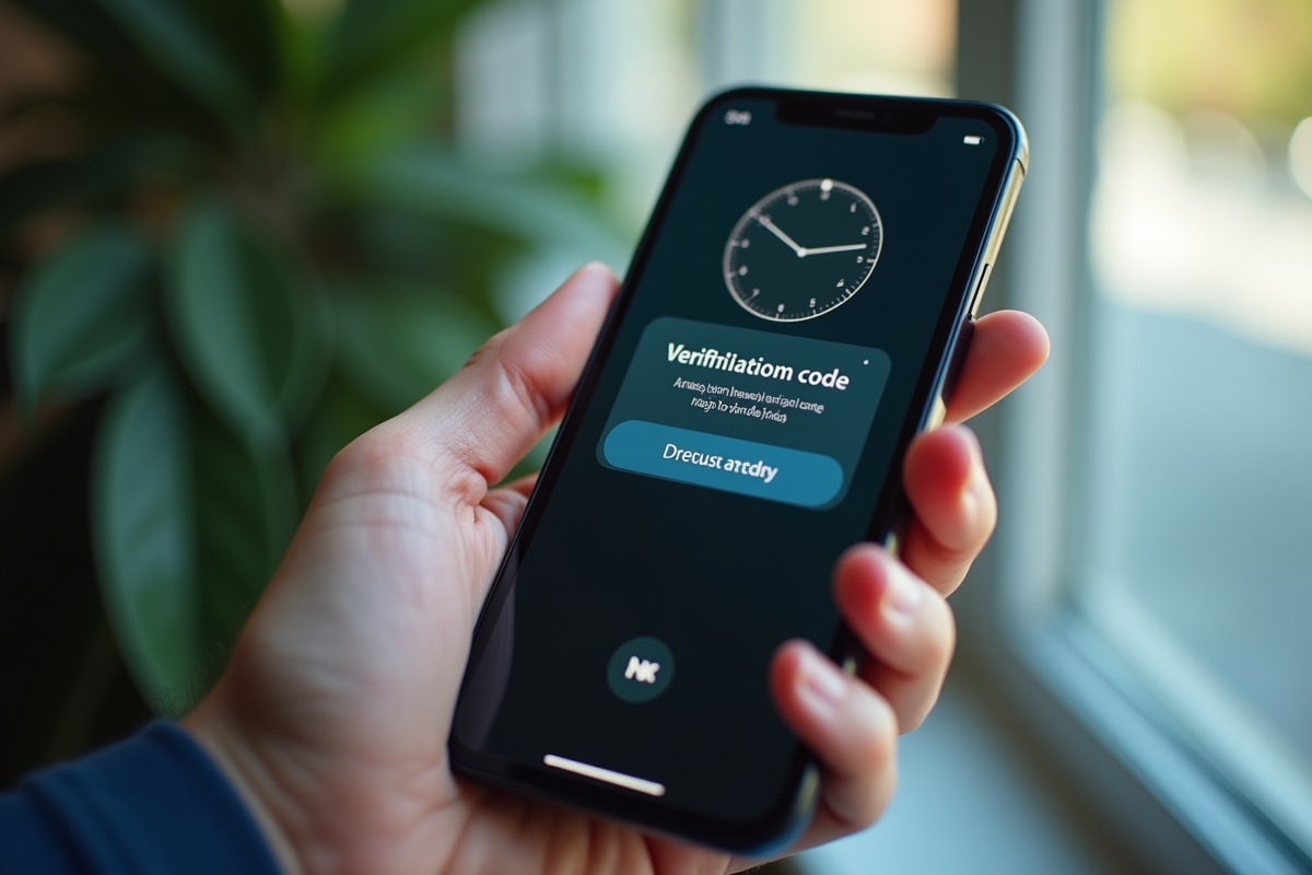 Main tenant un smartphone avec code de verification en lumière naturelle