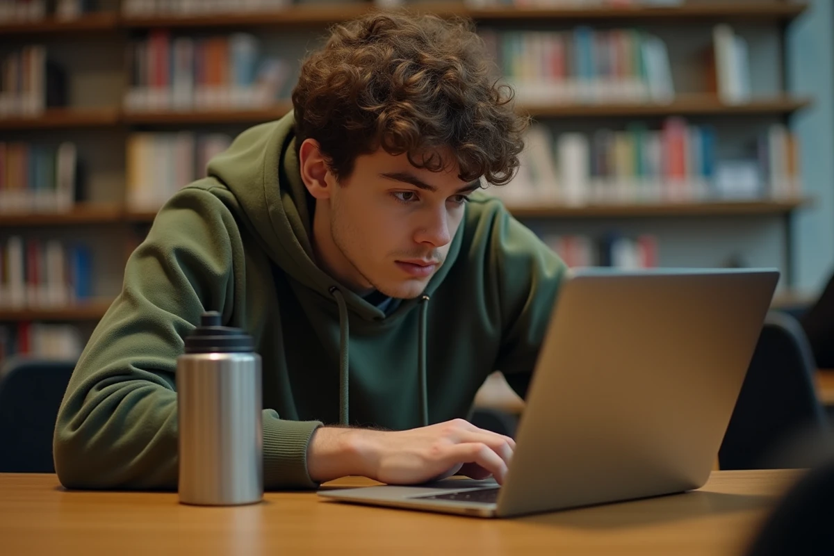 Jeune personne vérifiant l'intégrité d'un fichier ebook avec un outil de vérification en ligne dans une bibliothèque publique