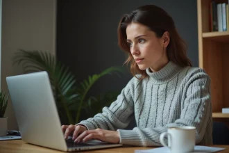 Femme vérifiant la sécurité d'un téléchargement d'ebook sur son ordinateur portable avec une boîte de dialogue d'avertissement visible