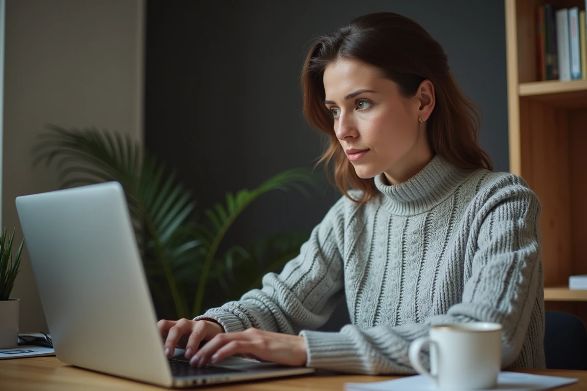 Femme vérifiant la sécurité d'un téléchargement d'ebook sur son ordinateur portable avec une boîte de dialogue d'avertissement visible