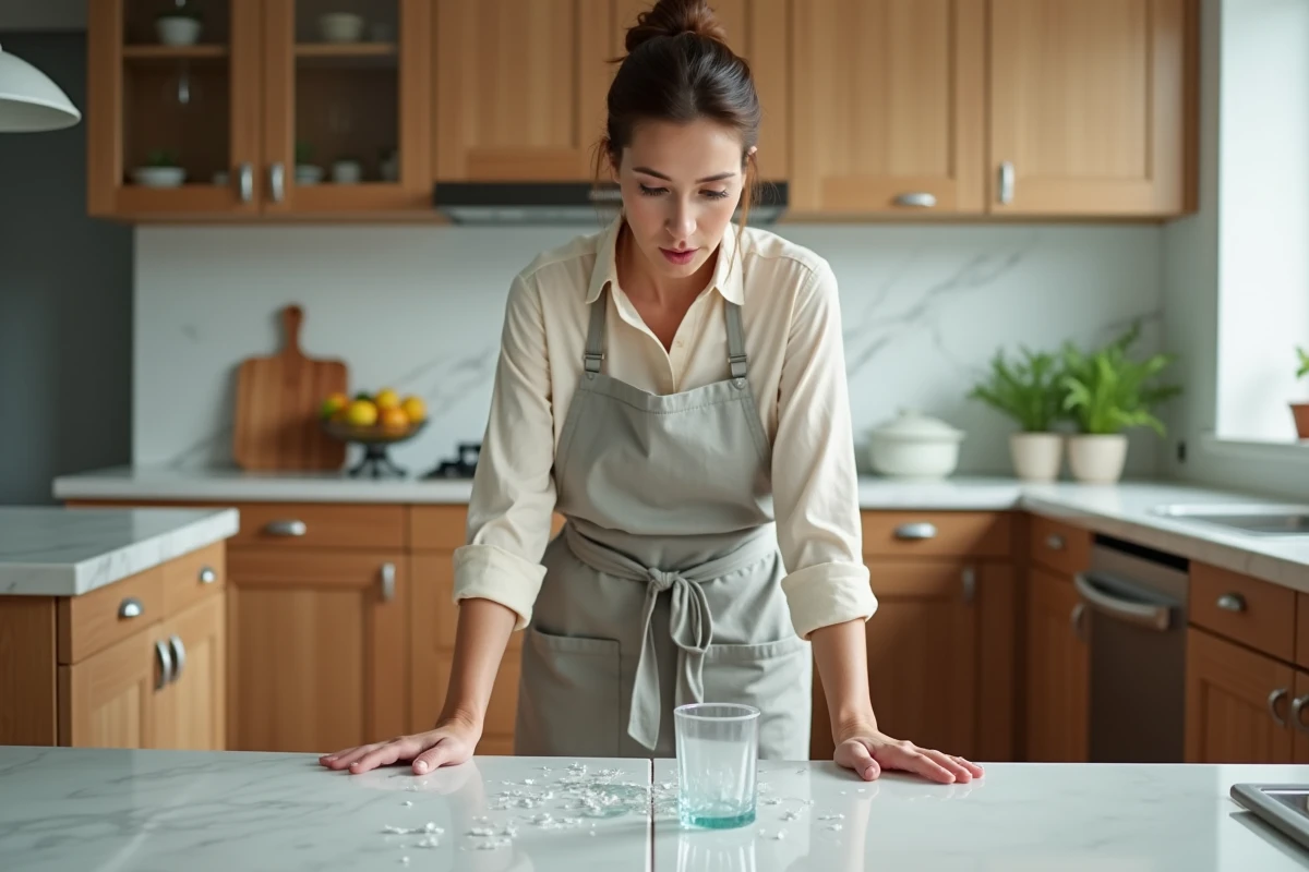 Femme surprise regardant un verre blanc cassé sur le sol de sa cuisine, fragments de verre éparpillés autour d'elle
