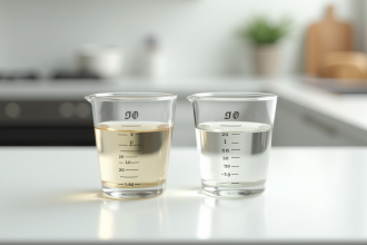 Verre mesureur avec 20 ml de liquide sur plan blanc