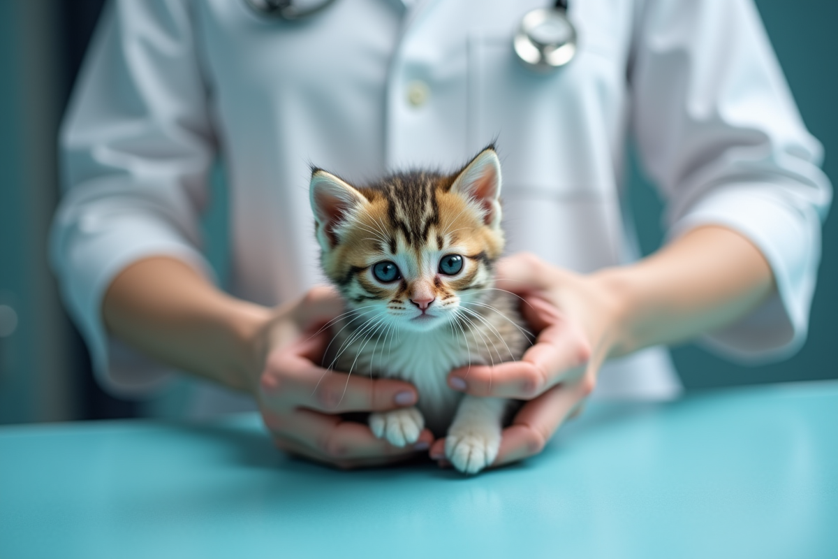 Vétérinaire tenant doucement un chaton sur une table d'examen