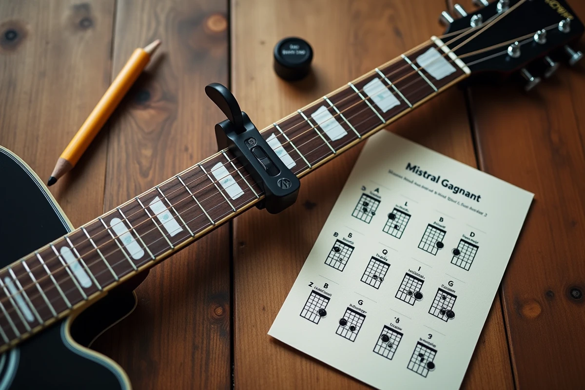 Vue aérienne d'un manche de guitare avec capodastre et tablature manuscrite des accords de Mistral Gagnant